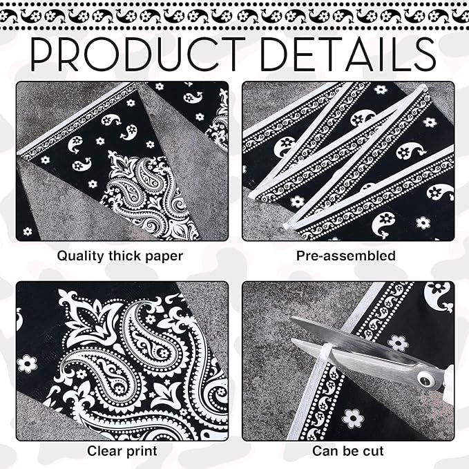 Boao 5 Pack Western Cowboy Party Decorations Bandana Pennant Banner Wild West Decor Western Cowboy Themed Yee Haw Country Party Decoration Supplies 9.8 x 5 ft(Black Paisley)