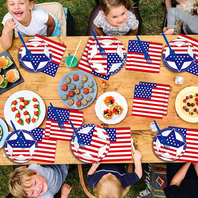 96 Pcs 4th of July Party Plates Napkins Tableware Set American Flag Supplies Disposable Dinnerware Patriotic Freedom Stars Party Decoration Favors for Independence Veterans Day Memorial Day, 24 Guest