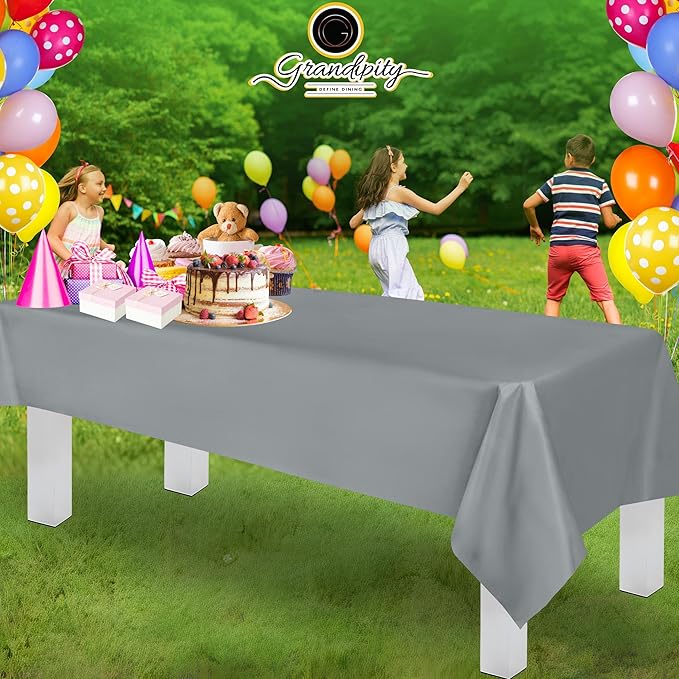 Grandipity 12 Pack Premium Disposable Plastic Tablecloth 54 Inch. x 108 Inch. Decorative Rectangle Table Cover - Silver