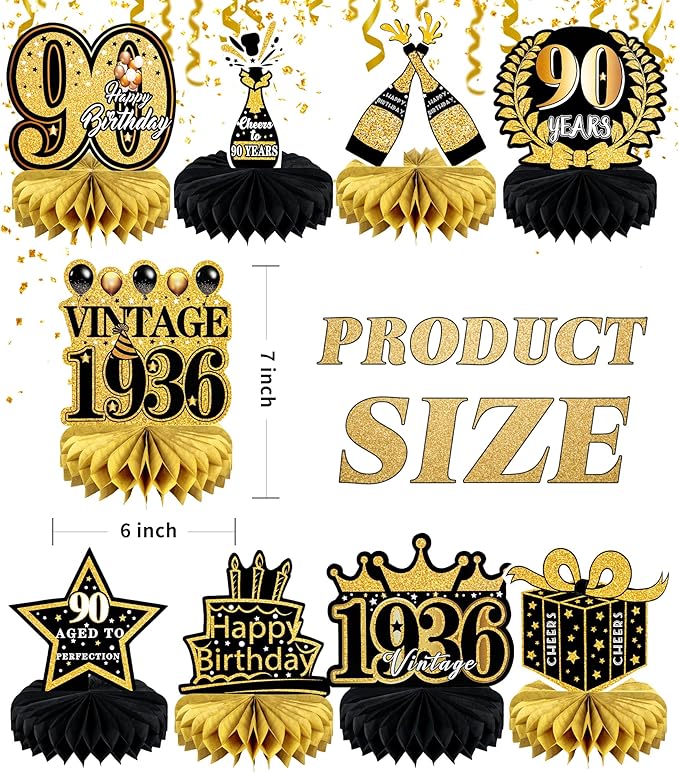 9 Pcs 90th Birthday Decoration for Men Women 90th birthday Centerpieces for Tables Decorations Cheers to 90 Years 1936 Birthday Honeycomb Table Topper Black and Gold 90th Birthday Party Favors