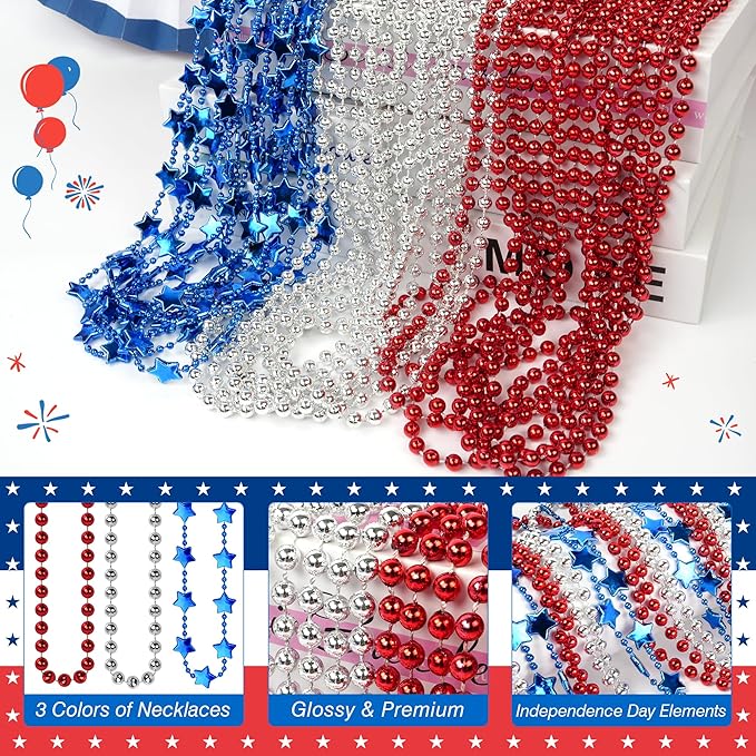 HOOSUN 4th of July Beads Necklaces,24 Pcs Patriotic Beads Necklaces Red Silver and Blue Accessories,Fourth of July Decorations,Memorial Day Accessories for Party Favors, Parades,Party Decor Supplies