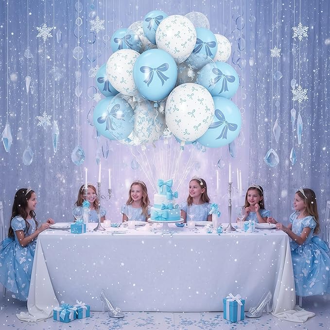 Blue and White Balloons Set, 12 Inch Light Baby Blue White Clear Bow Latex Balloon for Wedding Bridal Engagement Bachelorette Baby Boy Shower Winter Princess Birthday Theme Party Decorations Supplies
