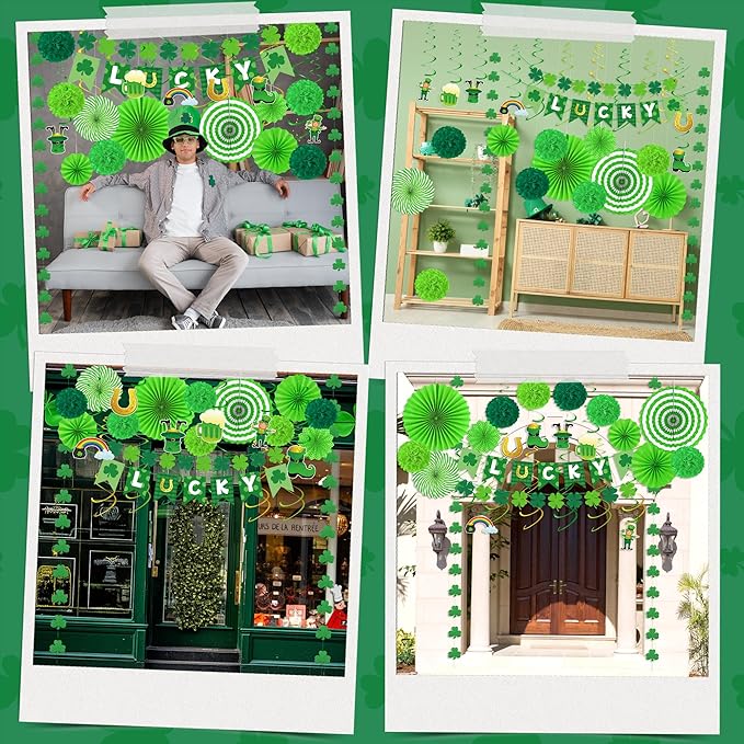 28 PCS St Patricks Day Decorations, Green St Patricks Day Paper Fan Set, Shamrock Decorations with Paper Fans Pompoms, Cards and Swirls, Banner and Garlands, Green Party Decorations for Home