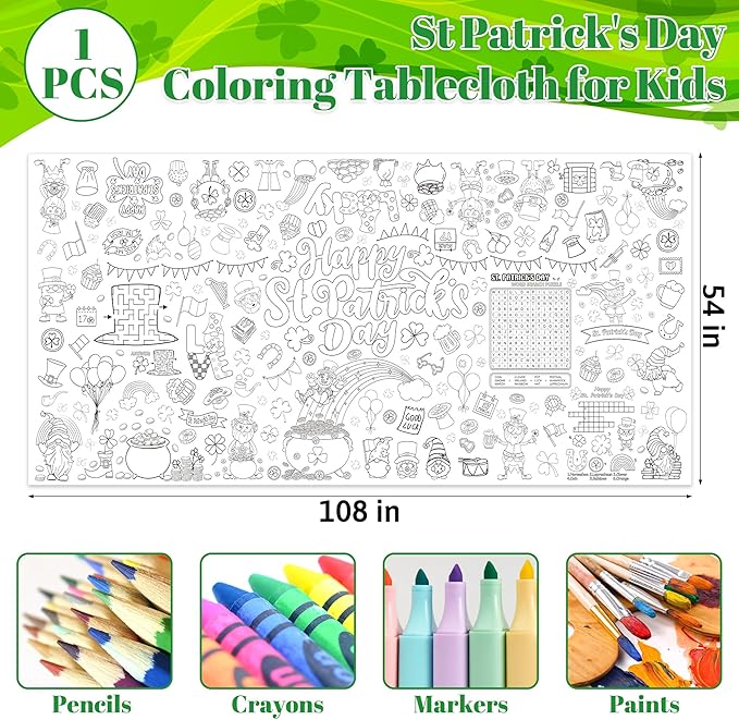 QZYL 54" x 108" Coloring St Patricks Day Crafts, Giant Coloring Table Cloth for Kids, Painting Poster Art Activities Banner Disposable St Patrick's Day Crafts for Home Classroom St Paddys Decorations