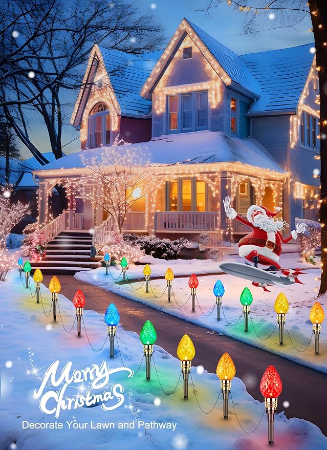 Brightown 4 Pack Strawberry C9 Christmas Pathway Lights Outdoor, Total 69.6 Ft 40 C9 Pathway Lights, Waterproof Connectable Christmas Walkway Light for Yard Ground Sidewalk Driveway