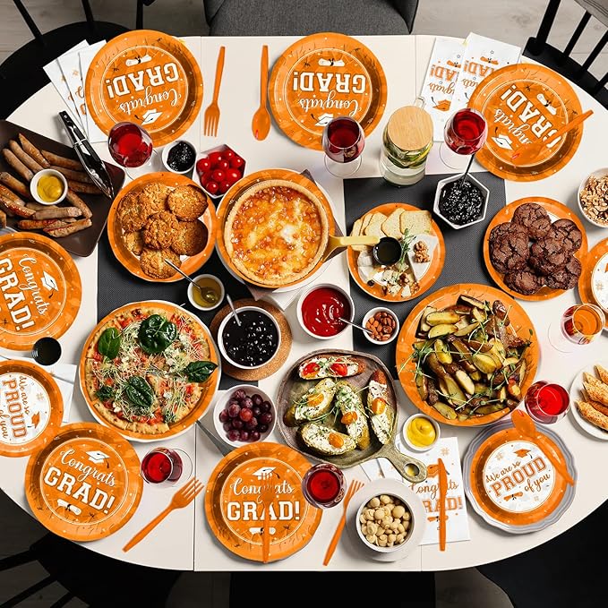 Graduation Party Supplies Congrats Grad Plates and Napkins Set Serve 50,Disposable Tableware Paper Plates Napkins Cups Knives Spoons Forks Straw for Class of 2026 Graduation Party Decorations (Orange)