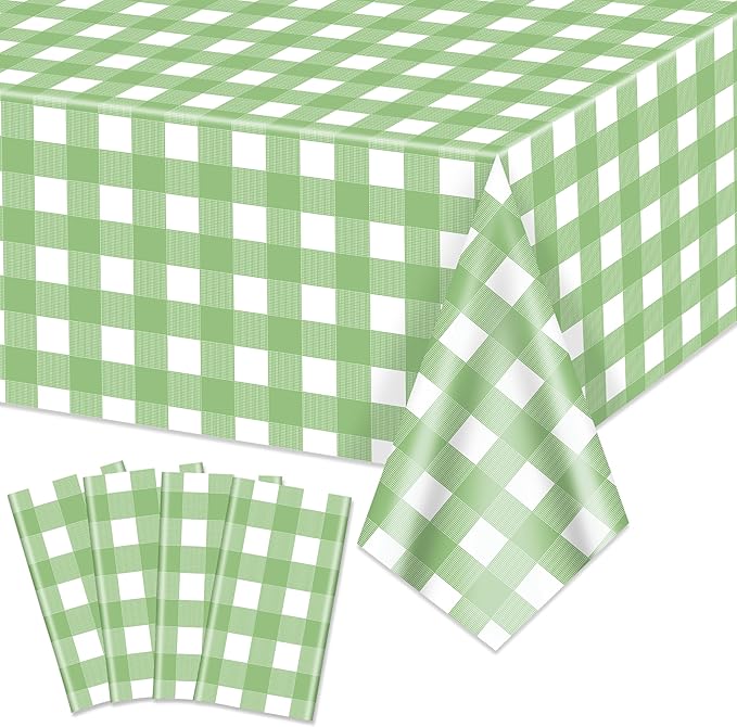 4 Pack Sage Green Gingham Tablecloths, Light Green and White Checkered Tablecloths 86.6 x 51.2 Inches Rectangular Waterproof Picnic Table Covers for Birthday Party Holiday Outdoor Supplies