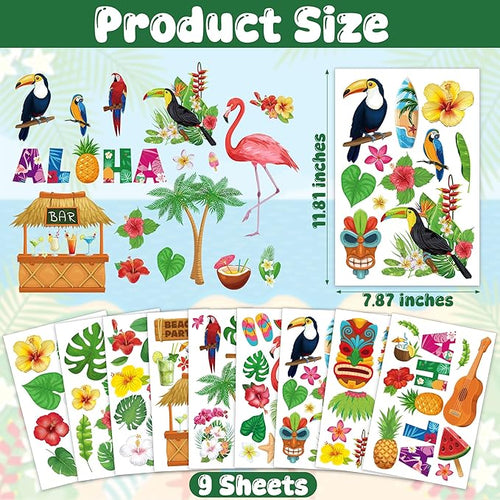 103 PCS Hawaiian Window Clings, 9 Sheets Tropical Hawaiian Party Decorations, Double-Sided Summer Window Clings with Tiki Masks Hibiscus Lei Patterns, Aloha Party Decorations for Home Office