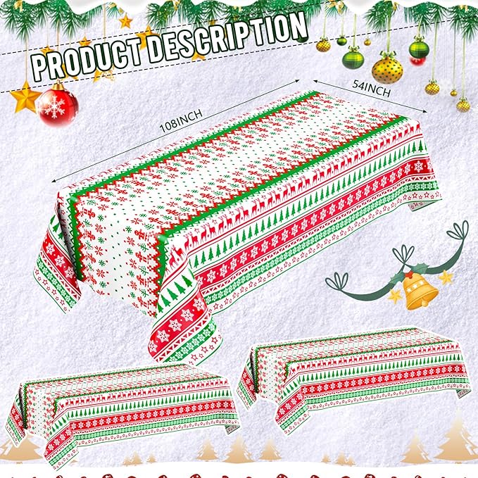 Oudain 3 Pack Christmas Tablecloths, Christmas Party Decoration, Disposable Plastic Tablecloth Rectangle 108 x 54 Inch Elk Snowflake Table Cover White Elephant Themed Decor for Xmas Party