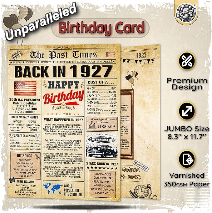 99th Birthday Card for Women Men - Back In 1927 Newspaper - 99 th Happy BIRTHDAY card - 99th birthday gift for Her Him - JUMBO A4 size - 99th birthday decorations Dad Mom - Best gifts for 99 year old