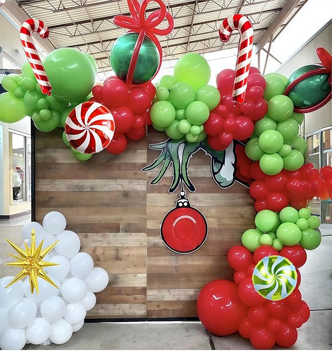 Christmas Balloon Arch Garland Kit, 141Pcs Red and Green White Xmas Balloon with Candy Cane Gold Explosion Star Foil Balloons for Merry Christmas Holiday Woodland Winter New Year Party Decorations