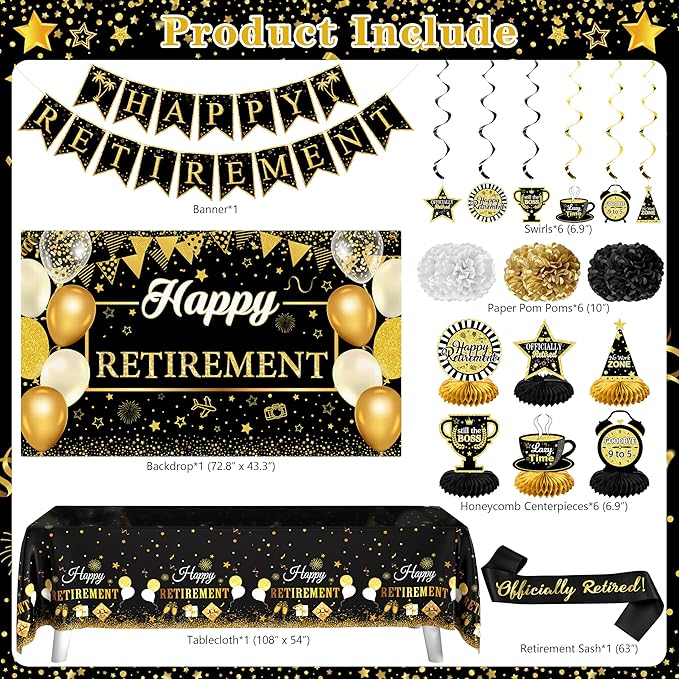 Retirement Party Decorations for Men Women 109Pcs Black Gold Happy Retirement Set Retired Banner Backdrop Balloons Sash Swirls Pompoms Tablecloth Honeycomb - Indoor Outdoor Reusable