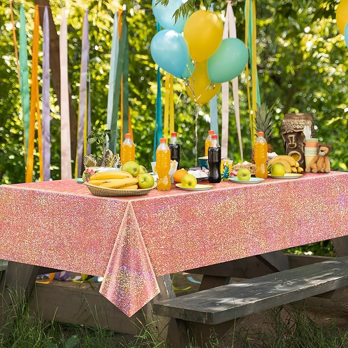 1 pcs Rose Gold Holographic Table Cloth 40" x 108" Shiny Bachelorette Party Decorations Plastic Laser Sparkly Tablecloth Glitter Table Decor for Wedding Anniversary Event Birthday Party Supplies