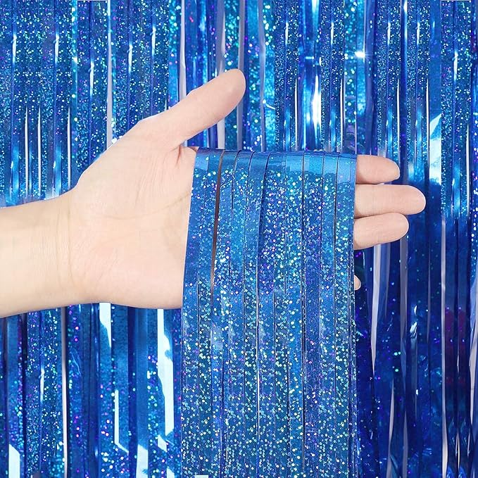 Foil Fringe Curtain - 2 Packs 3ftx8ft Metallic Curtain Backdrop for Birthday Party Decorations Photo Booth Backdrop Christmas Halloween - Deep Blue