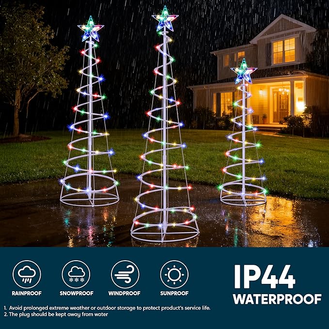 JOIEDOMI 3 Pack Spiral Christmas Tree Lights, 218 LED Outdoor Lighted Tree with Star Topper & Stakes, Christmas Decorations for Yard Porch Patio Garden Holiday Xmas Eve Night Décor, Multicolor