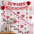 Pre-Strung Valentines Day Decorations, Red BE Mine XO Valentine's Banner,Heart Garlands & Hanging Swirls & Heart Honeycomb for Party Supplies, Valentines Decor Home Anniversary Wedding Bedroom