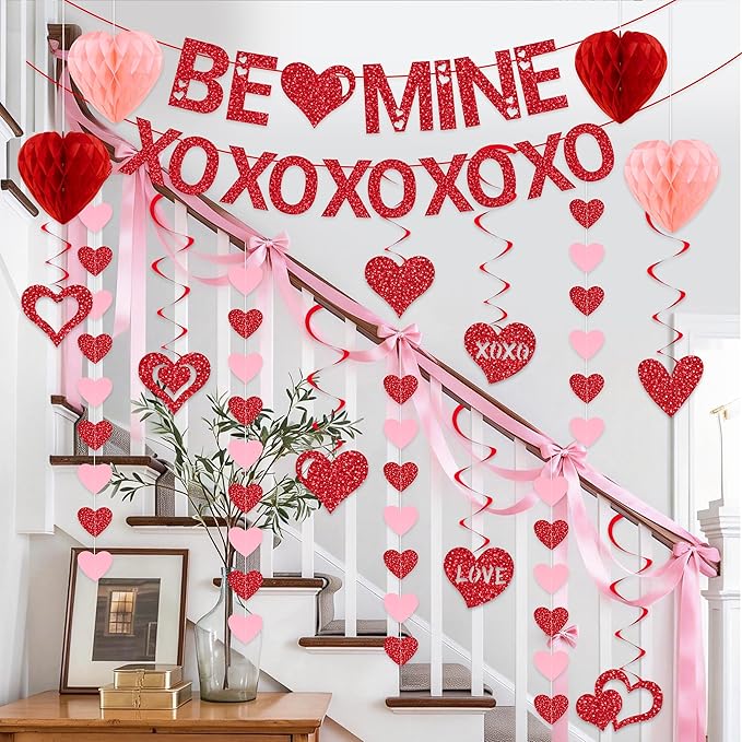 Pre-Strung Valentines Day Decorations, Red BE Mine XO Valentine's Banner,Heart Garlands & Hanging Swirls & Heart Honeycomb for Party Supplies, Valentines Decor Home Anniversary Wedding Bedroom