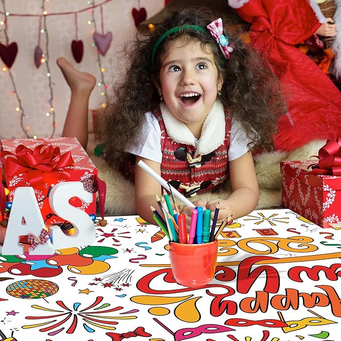 OHOME Happy New Year Giant Coloring Poster/Tablecloth - New Years Decorations 2026-30 x 72 Inches Jumbo Coloring Banner Kids Crafts Activities Party Decorations | New Years Eve Party Supplies