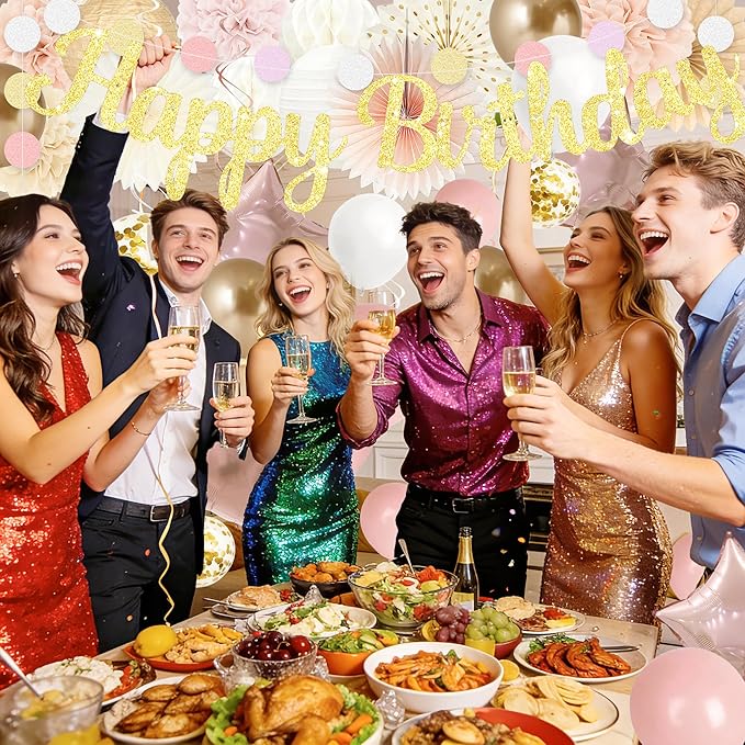 Birthday Decorations for Women, Boho Champagne-Beige 42pcs Balloon Garland with Hearts & Stars, Happy Birthday Banner, Peach Paper Lanterns & Tissue Pom Poms– decoración de cumpleaños para mujer