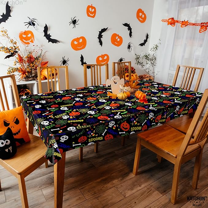 KatchOn, Plastic Halloween Tablecloth- XtraLarge 54x108 Inch, Pack of 3 | Plastic Table Cover for Halloween Decorations Indoor | Spooky Table Cloth, Spooky Party Decorations | Happy Boo Day TableCloth