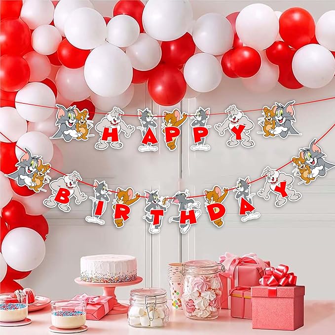 "Tom & Jery Happy Birthday Banner – Classic Cartoon Theme Party Decoration – Fun & Colorful Hanging Banner for Birthday Party Supplies – Cartoon Character Birthday Décor for Boys & Girls"