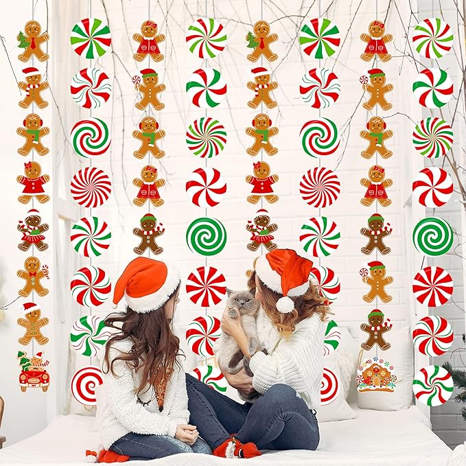 Gingerbread Man Hanging Garlands 8PCS Christmas Party Supplies Christmas Candy Cane Peppermint Hanging Paper Garlands Gingerbread House Banner for Boys Girls Xmas Santa Claus Holiday Decor