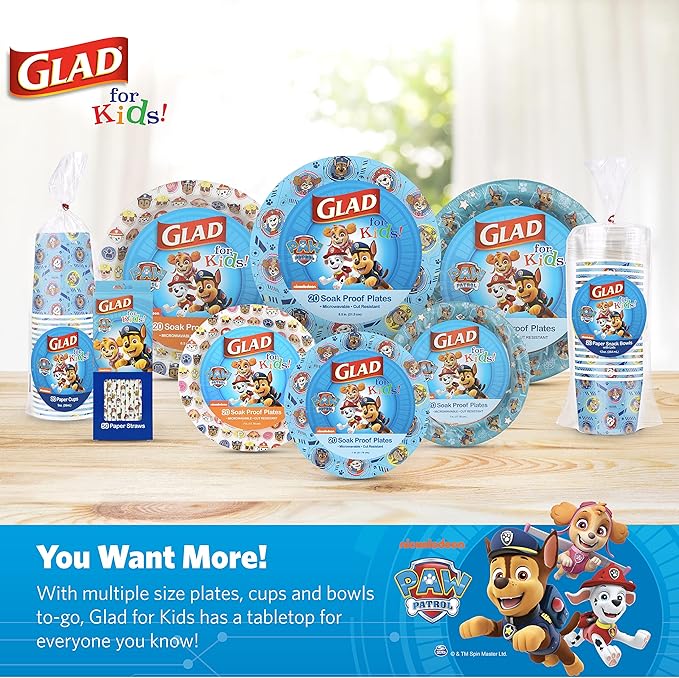 Glad for Kids Paw Patrol Disposable Paper Plates, Heavy Duty Soak Proof Microwavable Kids Plates for Parties, Birthdays, and Everyday Meals, Core Pups Blue, 8.5 Inch, 20 Count