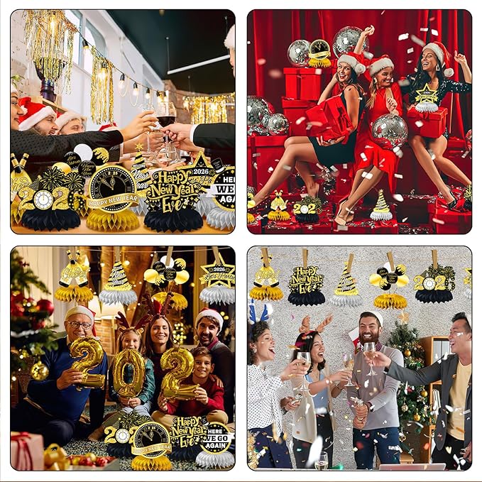 JULMELON Happy New Year Decorations 2026, 8 PCS New Years Honeycomb Centerpieces Table Decorations Black and Gold Table Toppers Decor for New Year Eve Party Supplies Favors