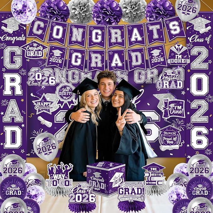 Purple and Silver Graduation Decorations 2026 Set, All-in-1 Kit with Congrats Grad Banner Class of 2026 Backdrop Porch Sign Balloons Centerpieces Card Box Pom Poms Streamers for College High School