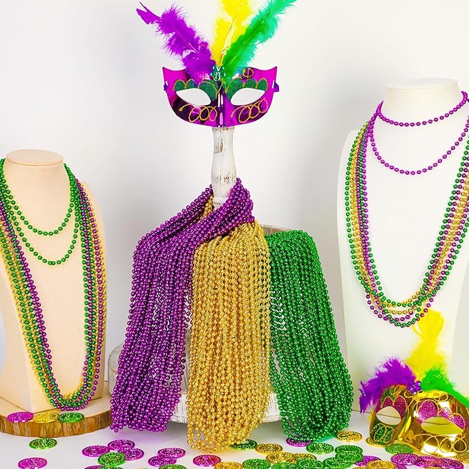 24PCS Mardi Gras Accessories, Mardi Gras Green Purple Gold Metallic Beads Necklaces Accessories Bulk, Mardi Gras Beads Necklace Costumes Women Men Kids for Parade Throws Party Decor Favor Supplies