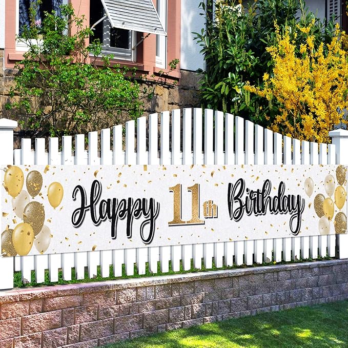 Happy 11th Birthday Decorations,11th Gold Balloon Large Birthday Hanging Banner Sign,Cheers to Eleven Years Old Bday Party Supplies.