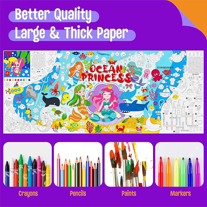 Mermaid World Coloring Poster, Large Coloring Activity Paper 75” x 31” Jumbo Size Ocean-themed Paper DIY Painting Drawing Banner/Tablecloth for School, Wall Decor