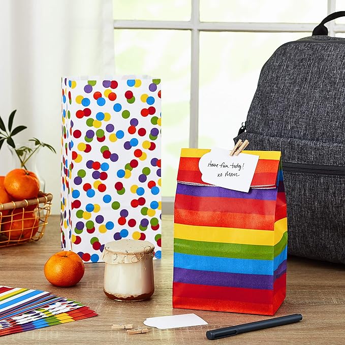 Hallmark Celebrate Rainbow Party Favor and Wrapped Treat Bags (30 Ct., 10 Each of Vertical Stripes, Horizontal Stripes, Dots) for Birthdays, Baby Showers, School Lunches, Care Packages, May Day