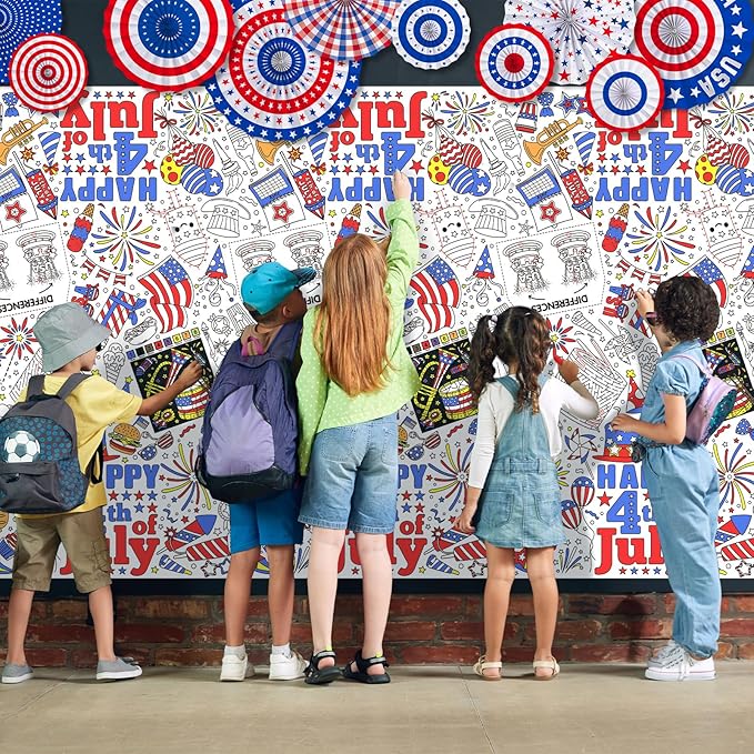 Gatherfun 4th of July Patriotic Party Supplies Color-in Disposable Paper Tablecloth | 54x88 in Independence Day Party Decorations Set for American Flag-Themed, School & Special Events