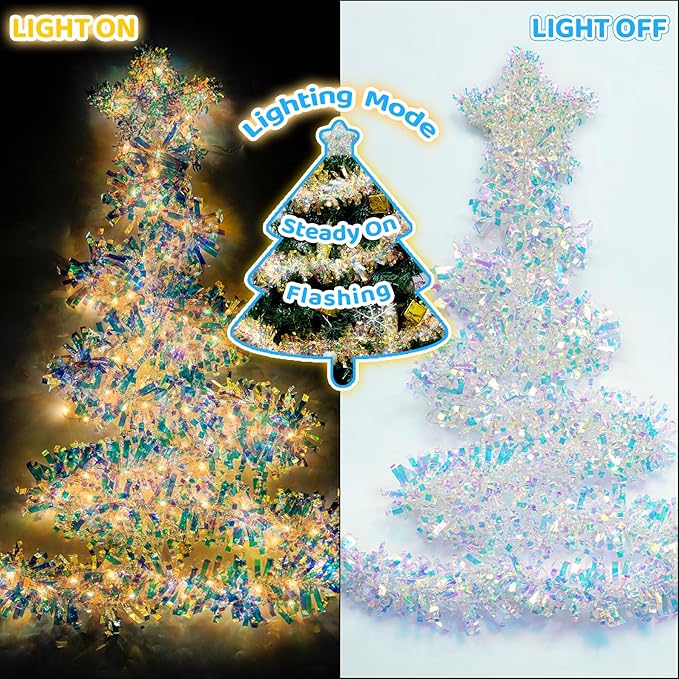 Christmas Garland with Lights, 2 Pack 16.4FT Iridescent Tinsel Garlands Battery Operated & USB, Shiny Foil Garland Indoor Hanging Home Decor, Garland for Birthday Holiday New Years Eve Party Supplies