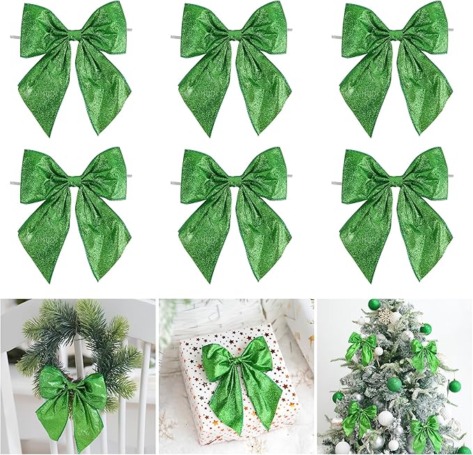 AIMUDI Lime Green Glitter Wired Ribbon Bows with Twist Tie 5.5" Premade Metallic Christmas Bows for Gift Wrapping, Wreath, Garland, Holiday Crafts Party Home Outdoor Christmas Tree Decorations, 12 PCs