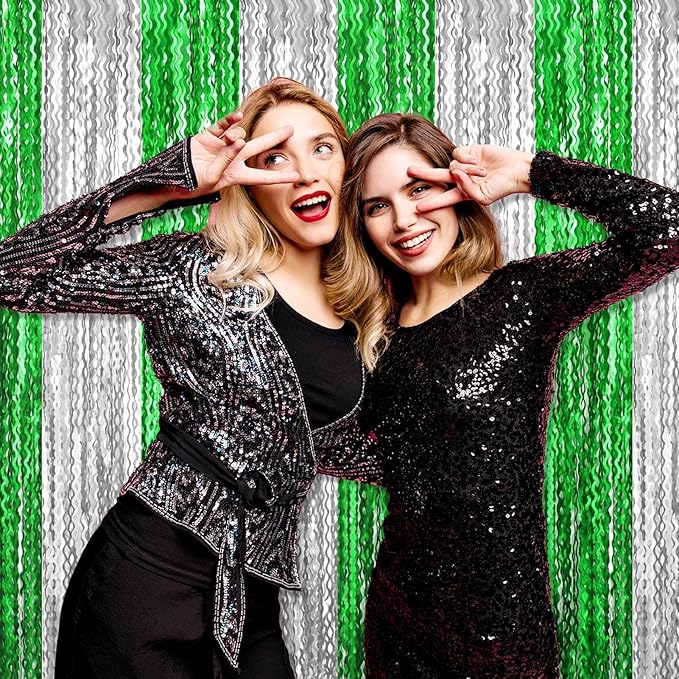 4 Pack Silver Green Wave Foil Fringe Curtain Backdrop, 3.28Ft x 8.2Ft Metallic Tinsel Foil Fringe Streamer Curtains for Photo Booth, Mother's Day, Easter, Birthday, Wedding Party Decoration