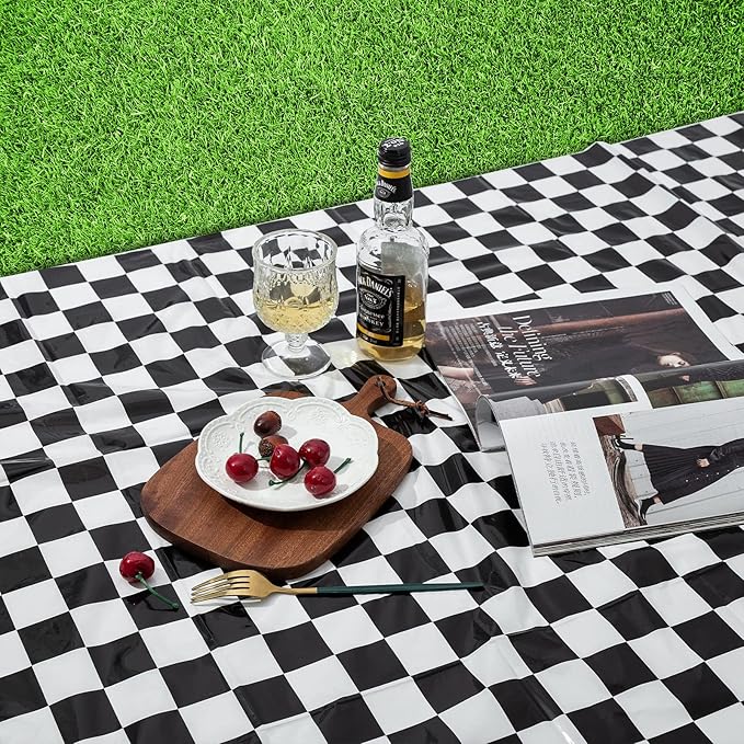 Kesfey 8 Packs Black and White Checkered Tablecovers 54 x 108 Inches Disposable Party Picnic Table Cloth Splashproof Plastic Checkered Tablecovers for Camping Decoration Party Favors