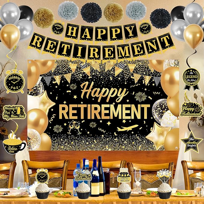 DARUNAXY Black Gold Retirement Party Decorations, Happy Retirement Banner, Officially Retired Hanging Swirl The Legend Has Retired Sash Tissue Paper Pom Poms Party Supplies(31PC)