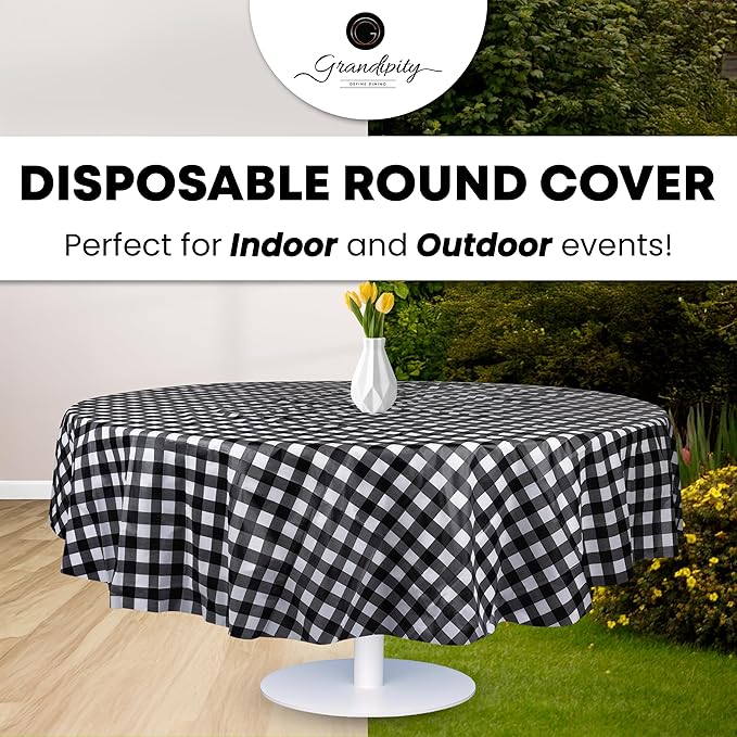 Grandipity 12 Pack Premium Disposable Plastic Tablecloth 84" Inch Decorative Round Checkered Table Cover - Black Checkered Gingham