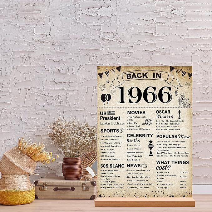DARUNAXY 60th Birthday Party Decorations, Vintage Back in 1966 Poster Acrylic Sign with Stand 60 Year Old Party Supplies for Men& Women Vintage 1966 Table Decor 60th Anniversary Class Reunion Gifts