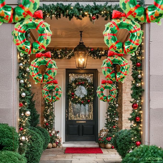 KatchOn, Wreath Christmas Balloons – Pack of 8 | Christmas Decorations Indoor | Wreath Balloons with Red Bow for Holiday Celebrations, Family Gatherings | Outdoor Xmas Decorations