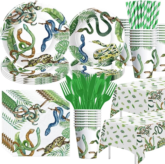 Snake Party Decorations - Reptile Theme Snake Birthday Party Supplies, Paper Plate, Cup, Napkin, Cutlery, Tablecloth, Jungle Swamp Camping Wilderness Snake Theme Party Tableware | Serve 24