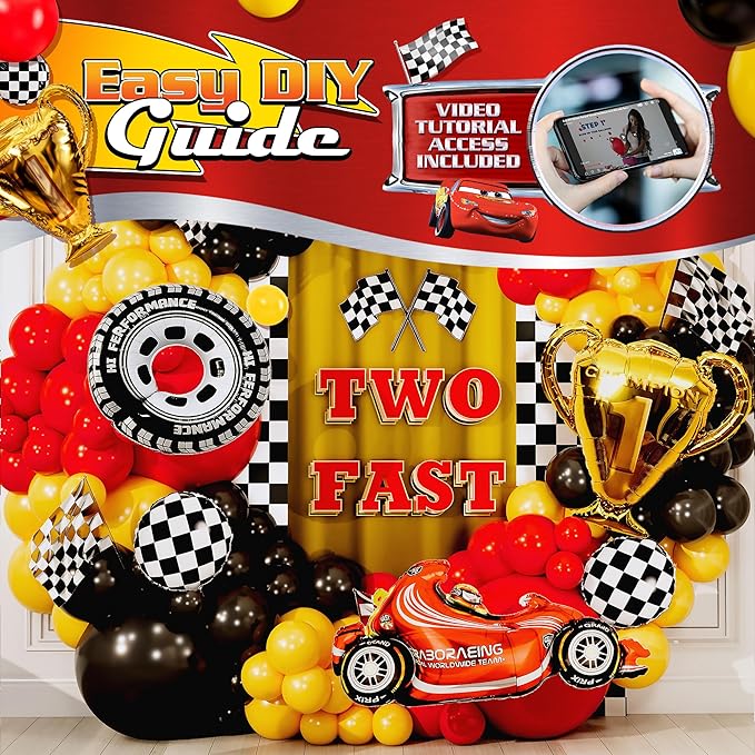 ALL-IN-1 Race Car Balloon Arch Kit & Garland with BONUS Trophy & Number 2 - Race Cars Balloons for Lightning McQueen Race Car Birthday Party Supplies & Boy Cars Theme Birthday Party Decorations