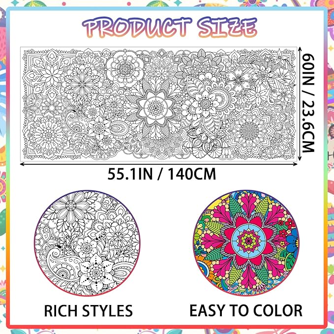 Giant Mandala Coloring Posters 23.6*55.1 Inch Large Spring Mandala Flower Coloring Page Giant Mandala Coloring Tablecloth DIY Art Crafts Mat for Kids Birthday Themed Activity Wall Home Classroom Suppiles