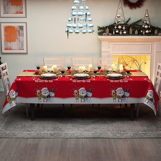 Fibevon Christmas Tablecloths, 2-Pack Rectangular Disposable New Year Tablecloth 54 by 110 inch Premium Table Covers with Elk Snowman and Santa Claus Plastic Tablecloth for Happy New Year Decor