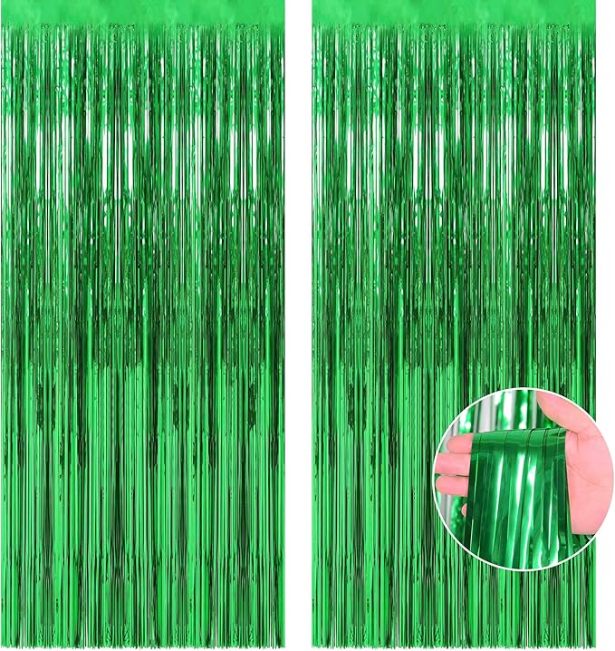 Green Tinsel Backdrop Curtains - 2 Pack Metallic Foil Fringe Streamers Photo Backdrop for Birthday Dinosaur Animal Football Golf Theme Party Decorations Wall Decor
