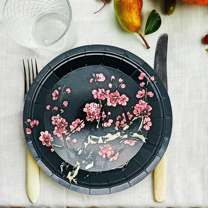 50Pcs Chinese New Year Party Supplies Chinese Japanese Cherry Paper Plates 7"Cherry Blossom Dessert Plates Flowers Plates for Birthday Wedding Chinese New Year Spring Festival Decorations (Black)