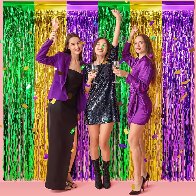6 Pack 3.3Ft x 6.6Ft Mardi Gras Wavy Foil Fringe Curtain Backdrop Decorations, Purple Gold Green Metallic Tinsel Foil Streamers Curtain Photo Background for Mardi Gras Carnival Wedding Birthday Party