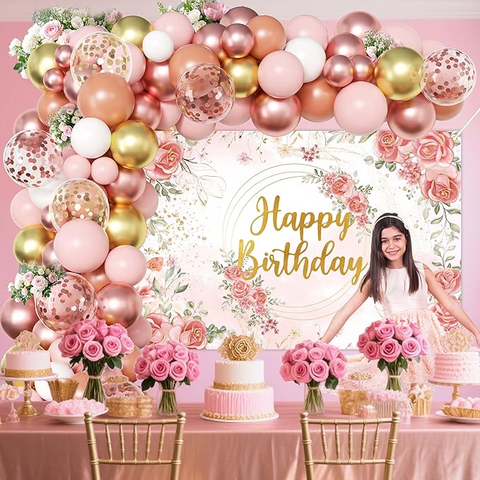 Rose Gold Floral Birthday Decorations for Women,Balloon Garland Kit, Pastel Nude Pink Metallic Matte White Balloons with Gold RoseGold Confetti for Princess Girl Party